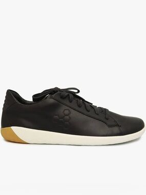Vivo Barefoot Geo court low black Leather  Cream Soles and Tan Heel